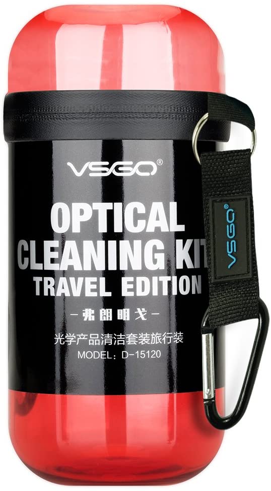 VSGO DKL-15R Camera Lens Cleaning Kits: Lens Cleaner, Lens Cleaning Pen, Microfiber Cloth, Air Blower, Wet Wipe, Suede Screen Cleaning Cloth and Waterproof Bottle Container, Red