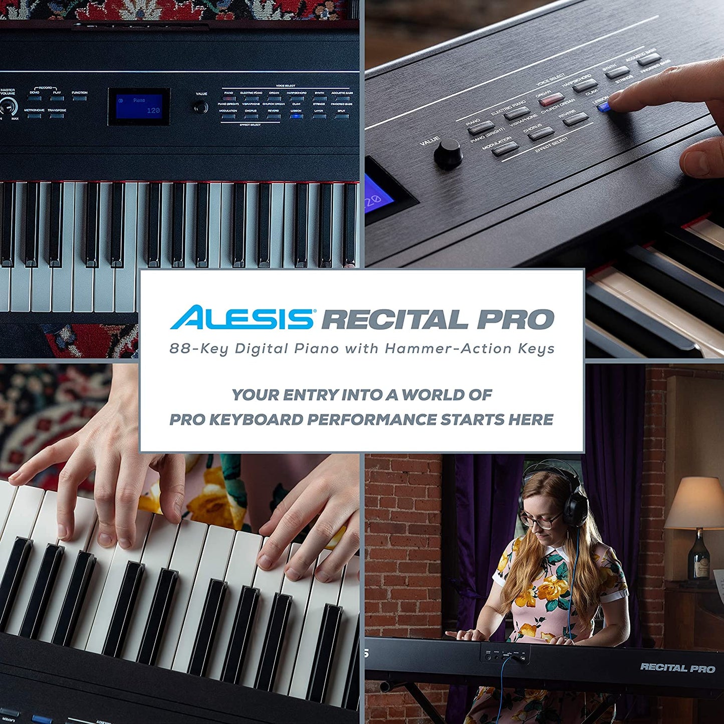 Alesis Recital Stage Pro 88-Key Full Size Digital Piano Electric Keyboard with Hammer-Action Keys Power Adopter Music Rest