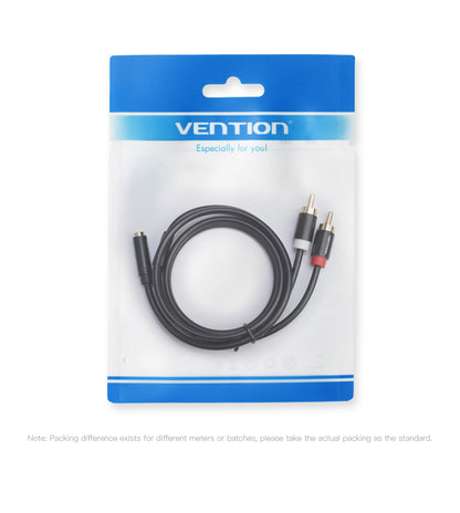 Vention 3.5mm Stereo Female to Dual RCA Male Audio Y-Cable (VAB-R01) Black Metal Type Gold Contacts for PC, Mobile Phone, Music Player (Available in 1M, 1.5M, and 2M)