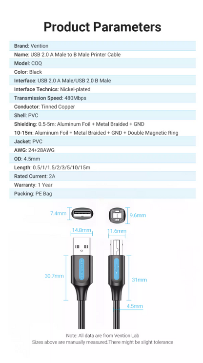 Vention USB 2.0 A Male to B Male 480Mbps Printer Cable (COQ) Black 3M
