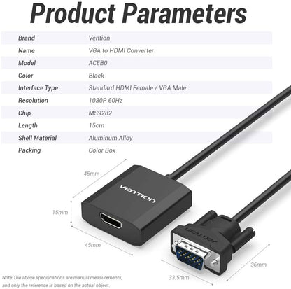 Vention VGA to HDMI Converter Cable Metal Type 1080p 60Hz (Male to Female) 0.15-meters with Micro USB / 3.5mm Audio Port and Cord (ACEB0)
