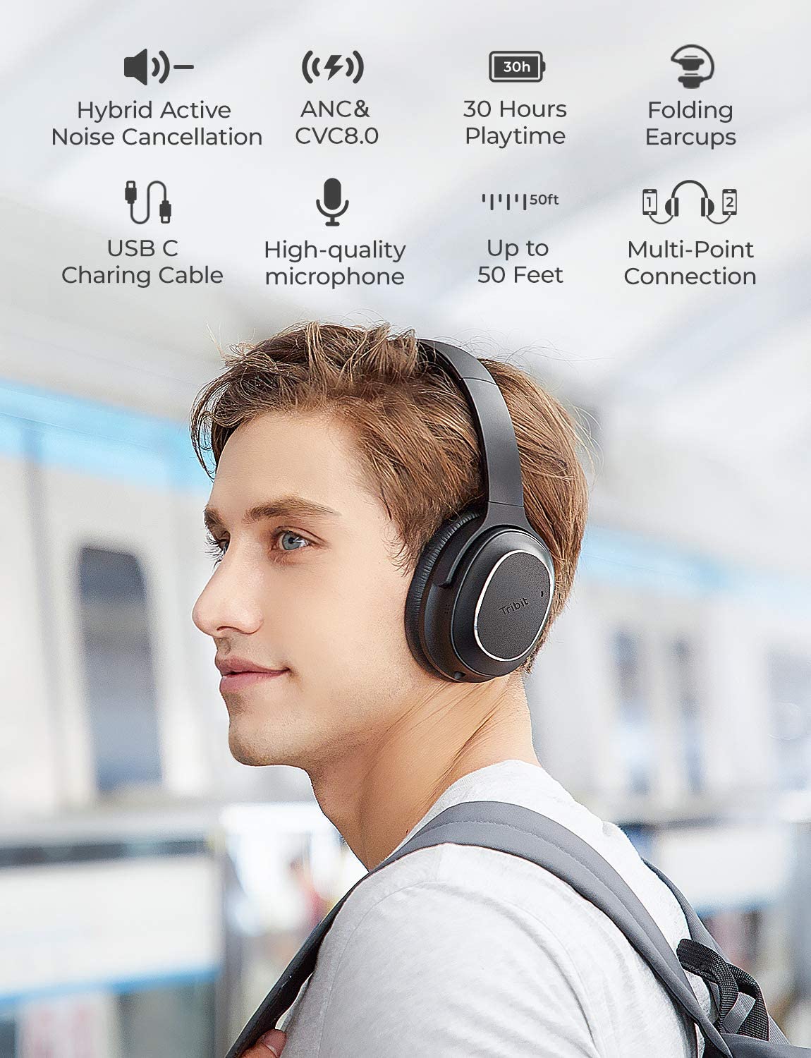 Tribit QuietPlus 72 Wireless Headphones Bluetooth 5.0 Foldable with 2 Microphones Noise Cancelling 500mAh 30h Playtime Rich Bass HiFi Sound BTH72
