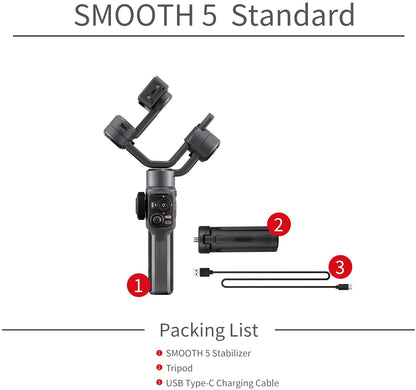 [CLEARANCE] Zhiyun Smooth 5 Combo Smartphone 3-Axis Gimbal Stabilizer Kit with Tripod, 12 Hours Battery Life, USB-C PD Fast Charging, On-board and Mobile App Controls for iPhone & Android Phone