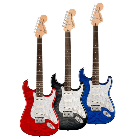 Squier by Fender FSR Affinity Stratocaster QMT 21 Fret 6 String Electric Guitar with SSS Ceramic Pickups, Die-Cast Tuners, and Gloss Polyurethane Finish (Sapphire Blue Transparent, Crimson Red Transparent, Black Burst)