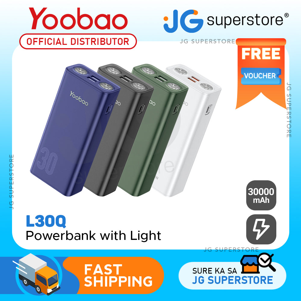 Yoobao L30Q 30000mAh Powerbank PD20W Power Delivery Quick Charge USB Type C with Dual USB and Dual Flashlight for Smartphones (Black, White, Green, Blue)
