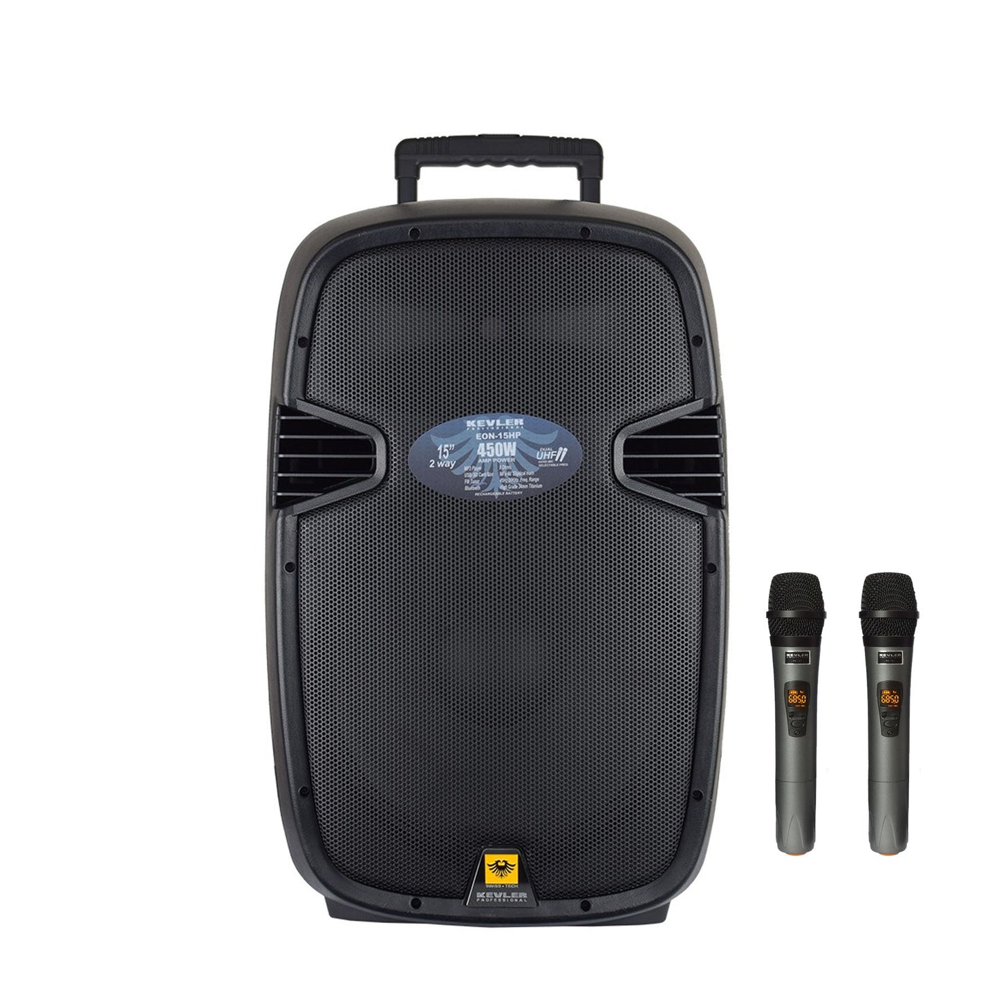 KEVLER EON-15HP 15" 450W 2-Way Full Range Active Loud Speaker with LCD Display and Class D Amplifier, USB Port/Bluetooth/FM Function, Mic Line, RCA and XLR I/O and 2 Wireless Microphones with Rechargeable Battery