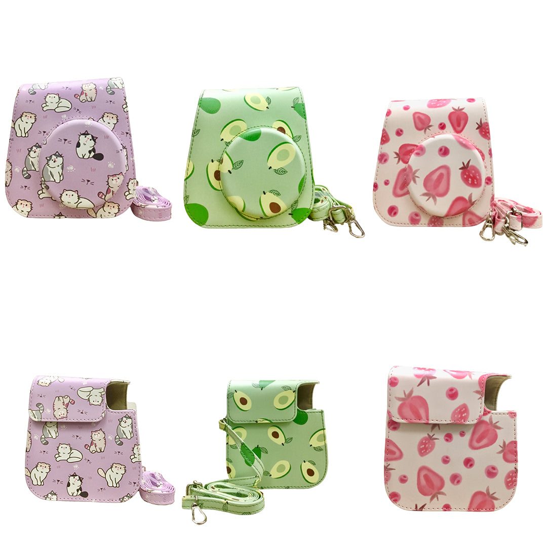 Pikxi BMP11 Fujifilm Instax Mini 11 Camera Leather Case Bag with Adjustable Shoulder Strap (Purple Cute Cat, Green Avocado, Pink Strawberry)