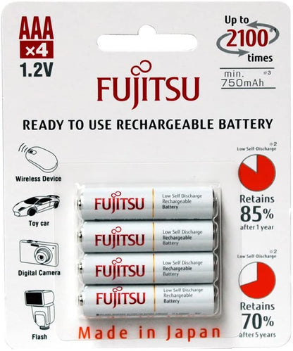 Fujitsu 1.2V 750mAh Ready-to-use NiMH Low Self-Discharge Rechargeable HR4UTC | AAA Battery Pack of 4