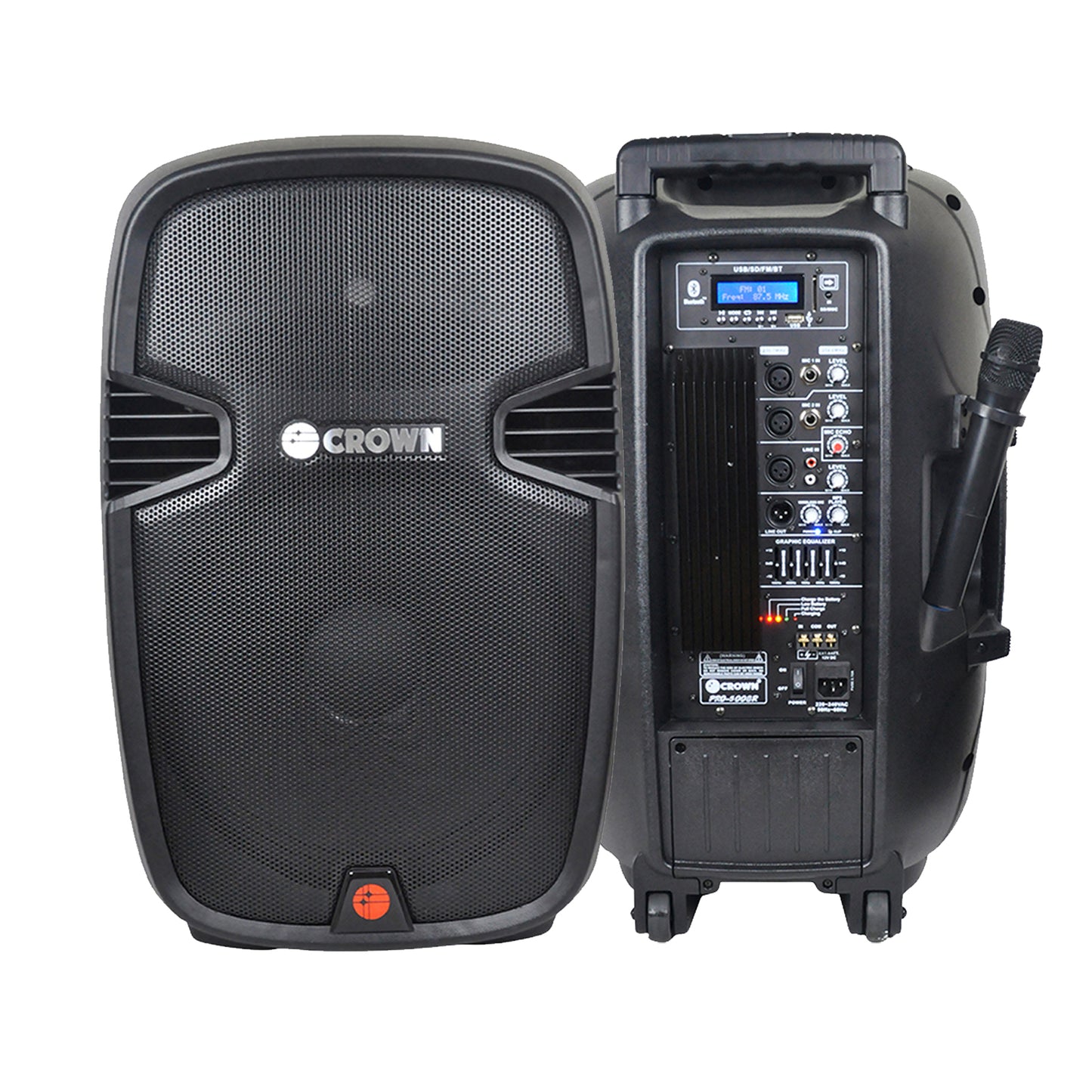 Crown PRO-5008R+ 480W 15" 2-Way Active Rechargeable Sound System Bluetooth Speaker with LCD Display, 5 Band Equalizer, 2 Wireless Mics,  Microphone, Guitar Input, USB & SD Port, Aux Line I/O