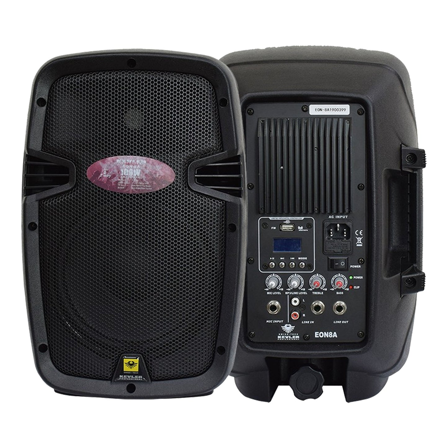 KEVLER EON-8A 8" 200W 2-way Full Range Active Loud Speaker (Pair) with LCD Display and Class D Amplifier, Built-In USB Port / FM / Bluetooth Function, RCA Input and 3 Mic Line I/O