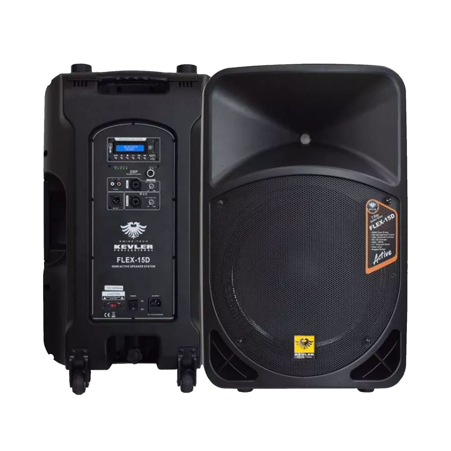 KEVLER FLEX-15D 15" 500W 2-way Bass Reflex Active Loud Speaker with LCD Display and Class D Amplifier, Built-In USB Port / Bluetooth Function, XLR, RCA Line, Mic I/O and DSP Controls