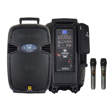 KEVLER EON-15HP 15" 450W 2-Way Full Range Active Loud Speaker with LCD Display and Class D Amplifier, USB Port/Bluetooth/FM Function, Mic Line, RCA and XLR I/O and 2 Wireless Microphones with Rechargeable Battery