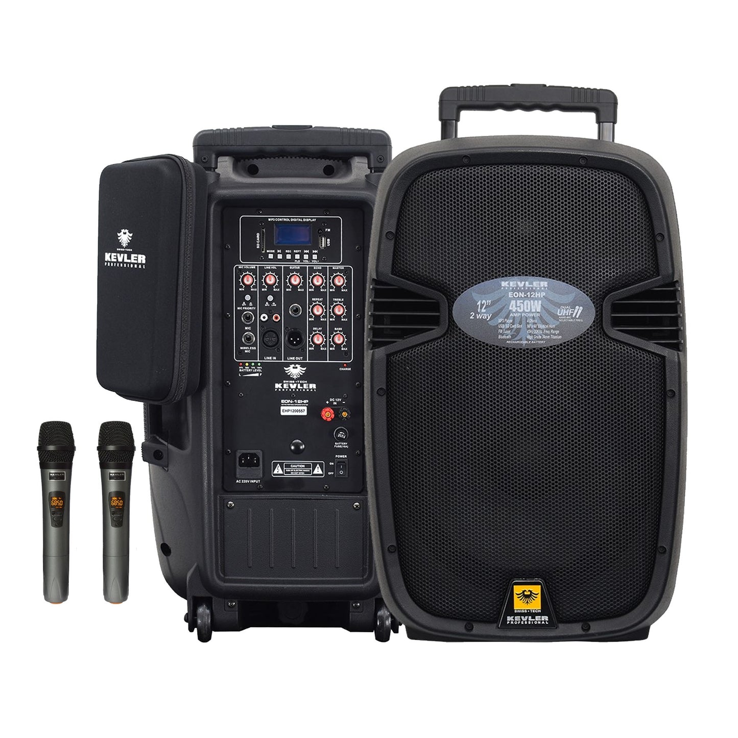 KEVLER EON-12HP 12" 450W 2-Way Full Range Active Loud Speaker with LCD Display and Class D Amplifier, USB Port/Bluetooth/FM Function, Mic Line, RCA and XLR I/O and 2 Wireless Microphones with Rechargeable Battery