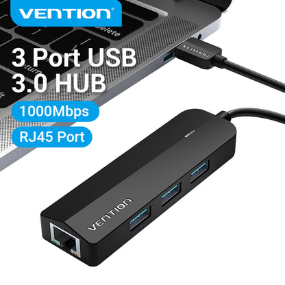 [CLEARANCE] Vention 3-Port USB 3.0 Nickel Plated 0.15-Meter Hub with 1000Mbps Gigabit Ethernet LAN Adapter and Micro-USB Power Port for Keyboards, Mouse, Flash Drive | CHNBB