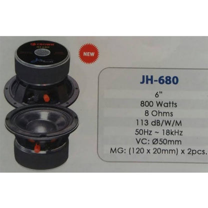 Crown 800W 6" Jack Hammer Series Professional Instrumental High Power Speaker with Aluminum Die-Cast Casing, Max 8 Ohms Impedance, 50 Voice Coil, 50Hz-18kHz Frequency Response & 113dB Sensitivity Level