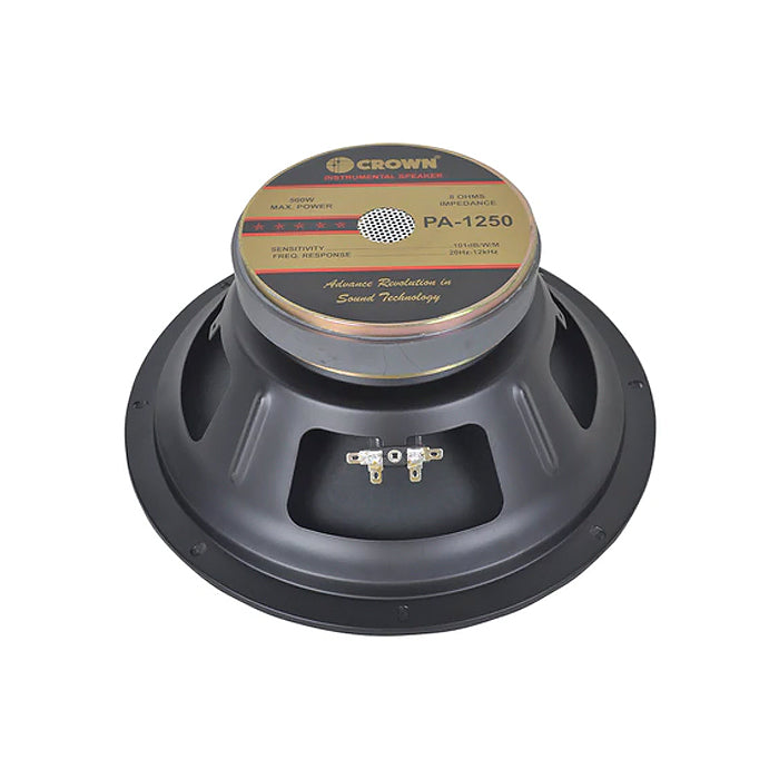 Crown 500W 12" Instrumental Sound Audio Speaker with 60.5mm Voice Coil, Max 8 Ohms Impedance, 20Hz-12kHz Frequency Response, 101dB Sensitivity Level (PA-1250)