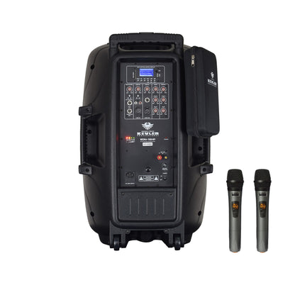 KEVLER EON-15HP 15" 450W 2-Way Full Range Active Loud Speaker with LCD Display and Class D Amplifier, USB Port/Bluetooth/FM Function, Mic Line, RCA and XLR I/O and 2 Wireless Microphones with Rechargeable Battery