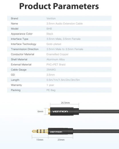 [CLEARANCE] Vention 3.5mm Male to Female Cotton Braided Cable 1.5-Meters (BHB) Audio Extension Cord for Smartphones