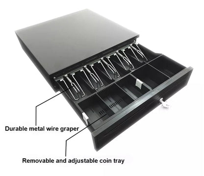 LogicOwl OJ-405B Full Metal Cash Register Drawer Box for POS Printers RJ11 | 5 Bill, 5 Coin Tray, 1 Detachable Coin Tray with 2 Keys