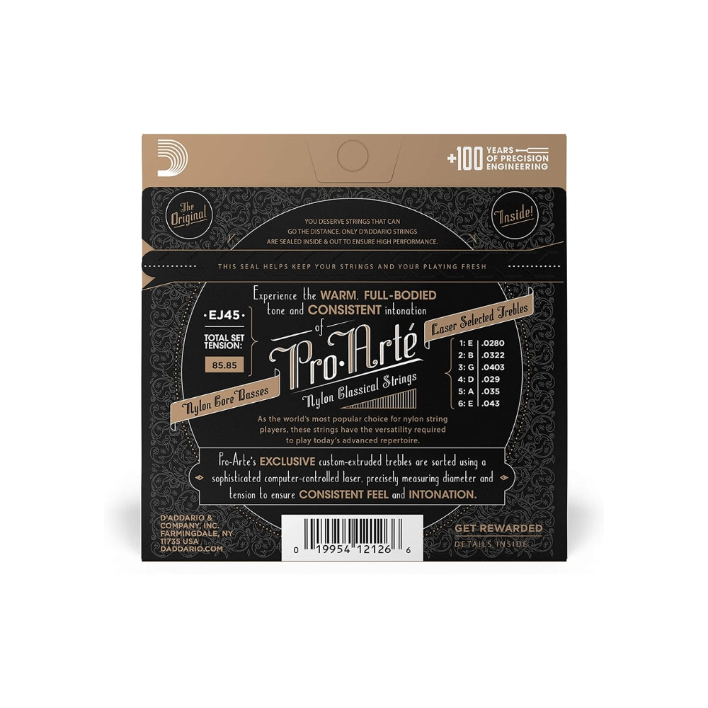 D'Addario Pro-Arte Silver Plated / 80/20 Bronze Wound Nylon Core Guitar Strings Set with Normal Tension for Classical Guitars | EJ45, EJ47