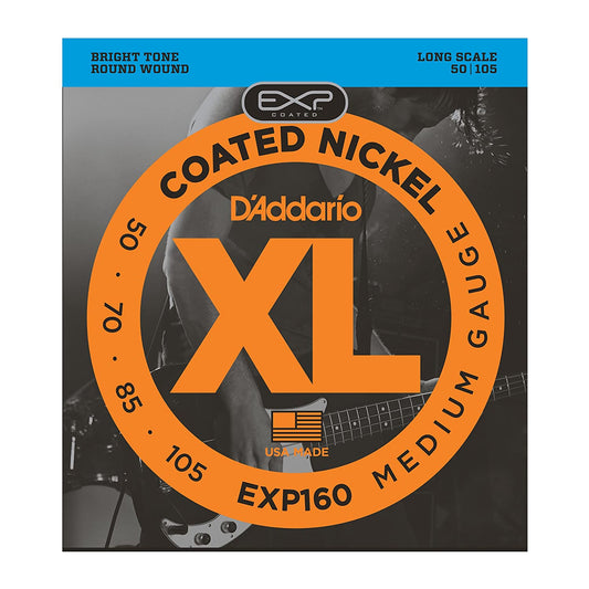 D'Addario XL Coated Nickel 50-105 Medium Electric Bass Strings (EXP160) with Bright Tones (Medium Gauge) for Musicians and Singers