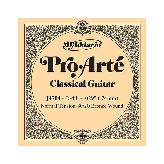 D'Addario Pro Arte 80/20 Bronze Wound Nylon Classical Guitar Single Strings with Normal Tension, D4 Fourth | J4704