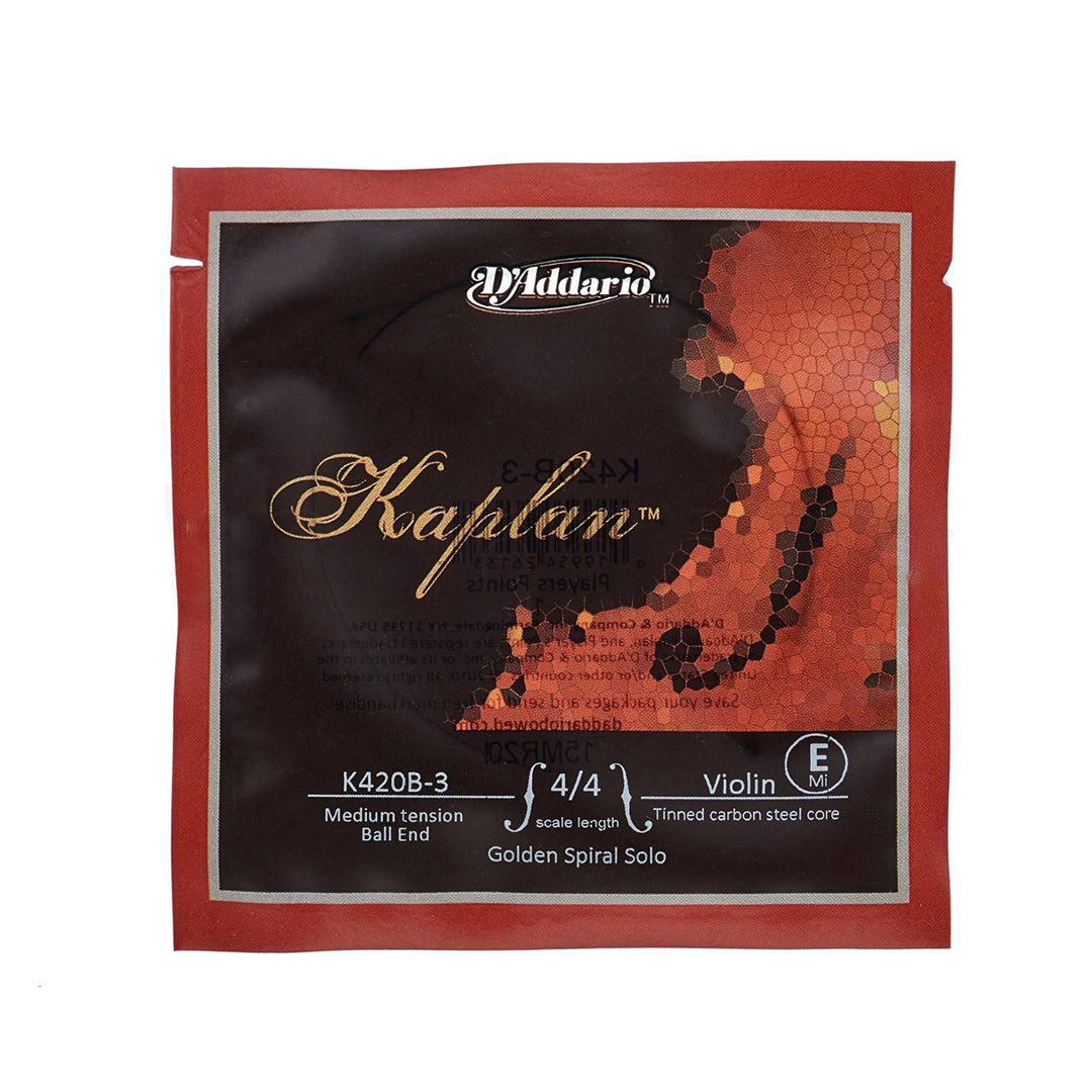 D'Addario 4/4 Scale Violin Kaplan Golden Spiral Solo E String with Medium Tension, Tinned Carbon Steel Ball for Musicians | K-420B-3