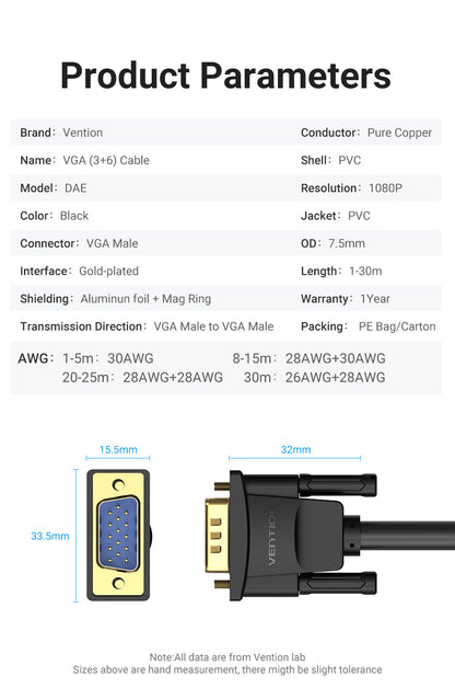 Vention 1080p VGA Cable (3+6) 5-Meters Male to Male Gold Plated (DAE) HD Video Connector for TV PC Projector