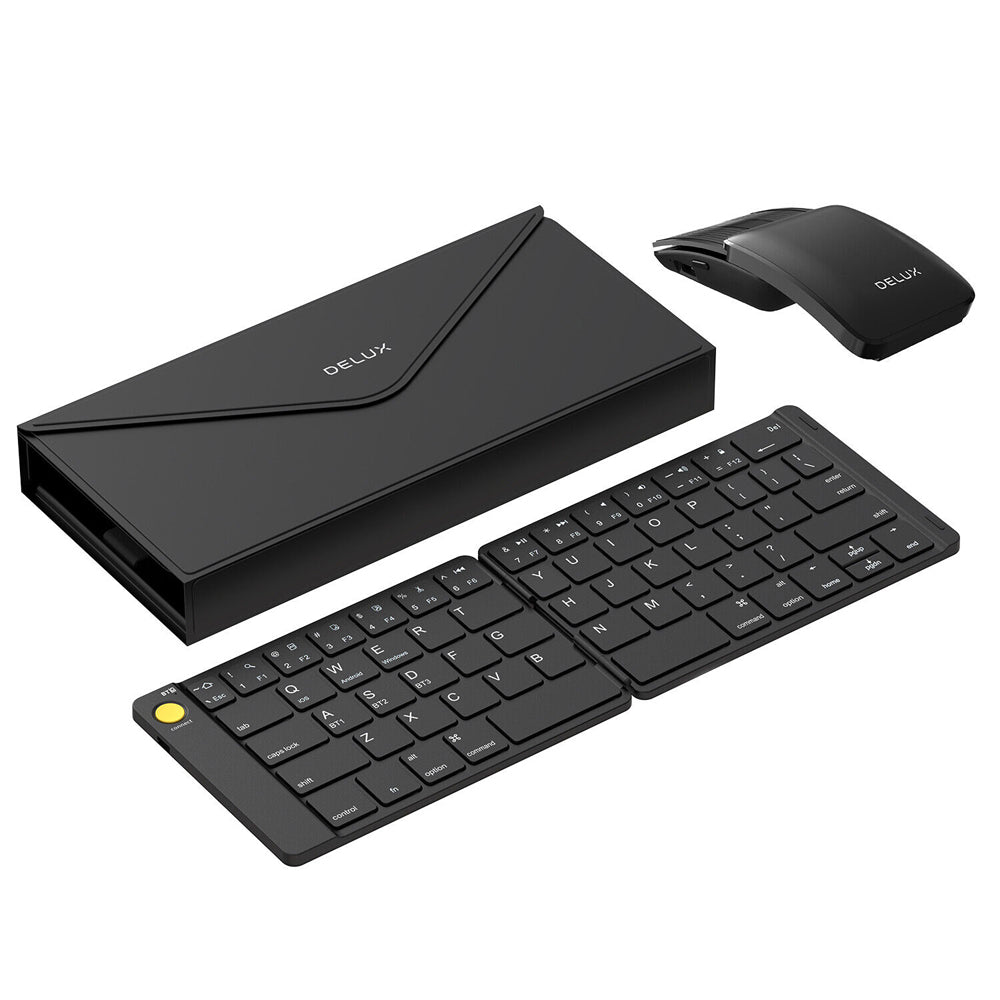 [CLEARANCE] Delux PockCombo KF10 and MF10 Pro Wireless Ultra-Slim Foldable Bluetooth 5.1 Keyboard and Sliding Mouse with Leather Bag, Touch Panel, 64 US Standard Keys and Scissor Keycaps, and 3 Buttons with Silent Click for Windows and macOS