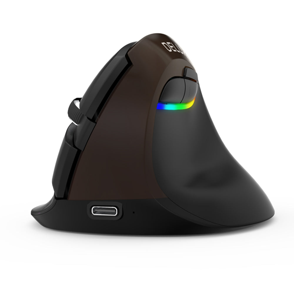 DELUX M618 Mini Wired Wireless Ergonomic RGB Vertical Mouse Jet with 4000DPI, Bluetooth 4.0 + 2.4GHz Dual Mode, USB Type-C Interface and Silent Click for PC Computer and Laptop (Brown)