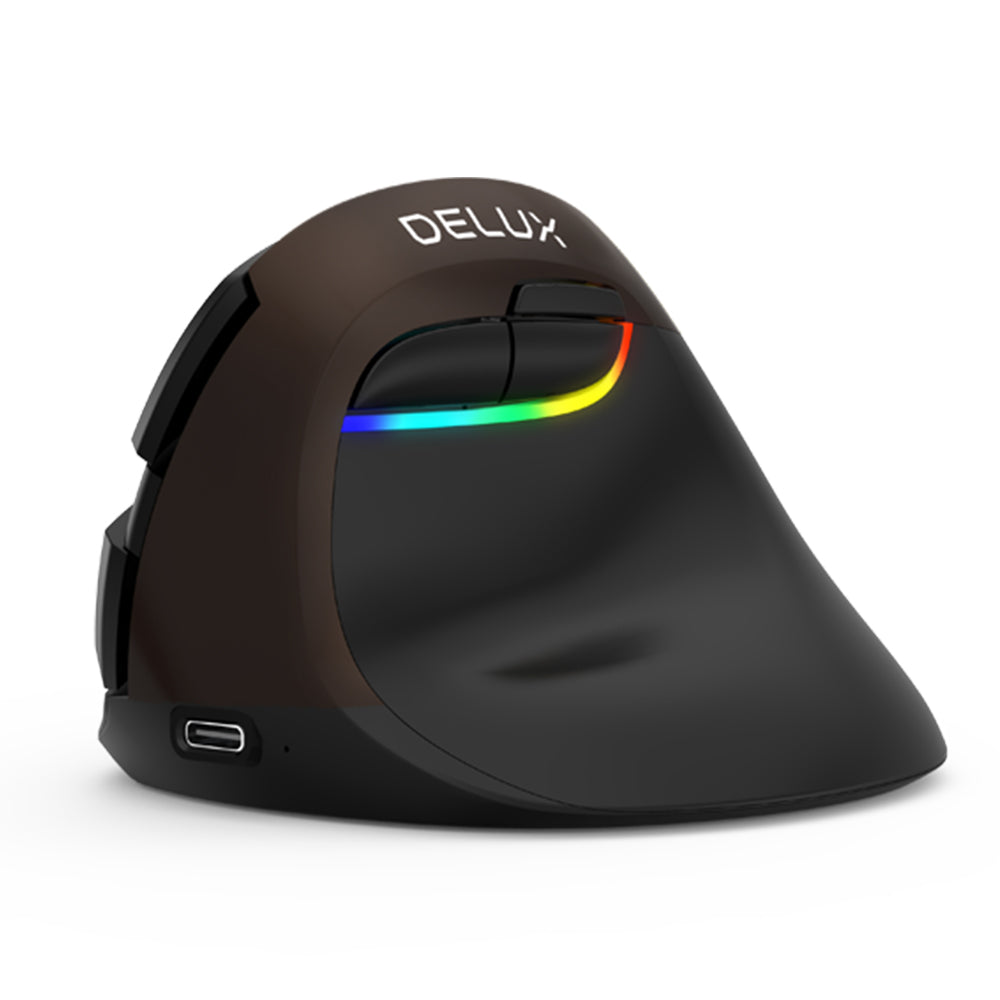 DELUX M618 Mini Wired Wireless Ergonomic RGB Vertical Mouse Jet with 4000DPI, Bluetooth 4.0 + 2.4GHz Dual Mode, USB Type-C Interface and Silent Click for PC Computer and Laptop (Brown)