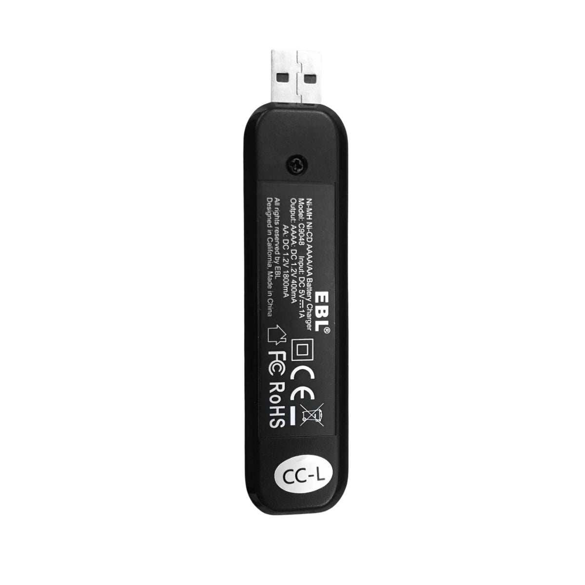 EBL CDMYC0006A Smart LED AA / AAAA Battery Charger with 5V USB Type-A Plug, and Built In Over Current Protection for Li-Ion and NiMH Batteries