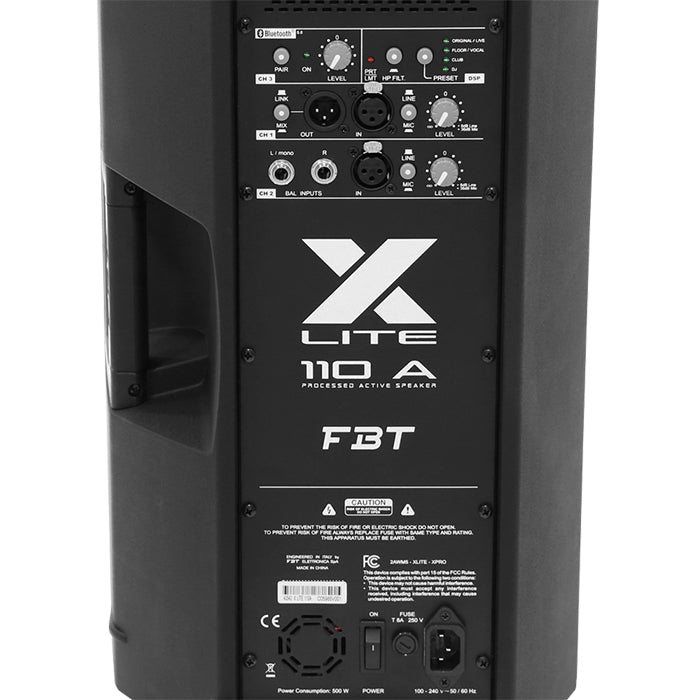 FBT X-Lite 110A 10" 2-Way 1200/300W Processed Active Speaker with Built-in Amplifier, Bluetooth 5.0, Integrated Handles, 3-Channel Mixer, 4 DSP Present