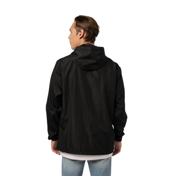Fender Spaghetti Logo Windbreaker Jacket with Zipper Tape Hood Ties/Mesh Lining (Small) (Black)