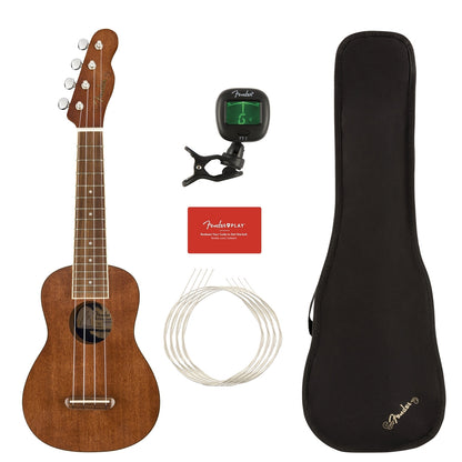 Fender Seaside Soprano Ukulele Pack (Clip On Tuner, Gig Bag, Strings) 16 Frets 4 String Guitar Set with Walnut Fingerboard (Natural)
