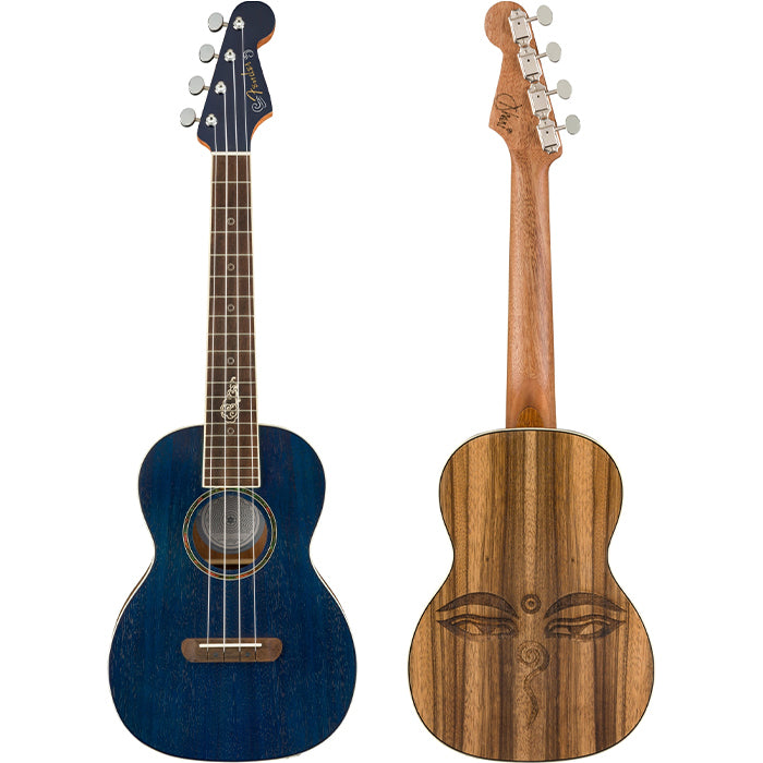 Fender Dhani Harrison Signature 19 Frets 4 Strings Tenor Acoustic Electric Ukulele Guitar with Walnut Fingerboard, Built-In FE-U01 Preamp for Musicians (Sapphire Blue Transparent, Turquoise)
