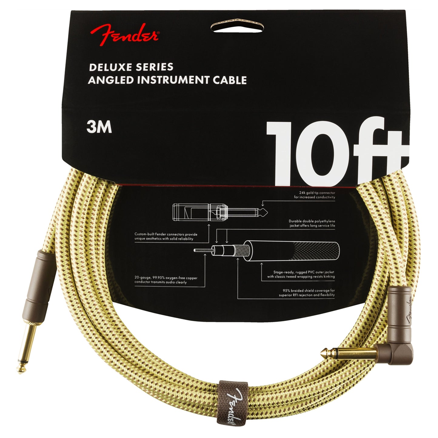 Fender Deluxe Series Tweed Instrument Cable 10ft 3m Straight-Angle with Gold Plated 1/4" Connectors, 20 AWG, Braided Cloth Design