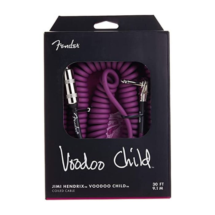 Fender Jimi Hendrix Voodoo Child 30ft Electric Guitar Vintage-Style Coiled AUX Cable Cord with Straight-Angle Connectors for Musical Instruments (Black and Purple)