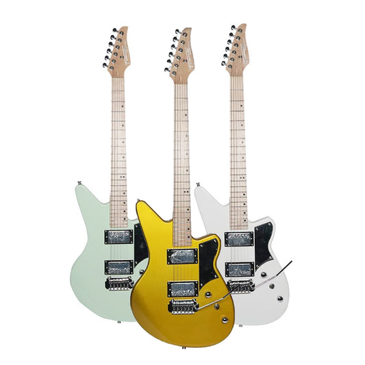 Fernando PJE-97 6 Strings 22 Fret HH Electric Guitar with Tremolo Bridge, 3-Way Pickup Selector and Maple Fingerboard for Musicians (Light Green, White, Metallic Gold)