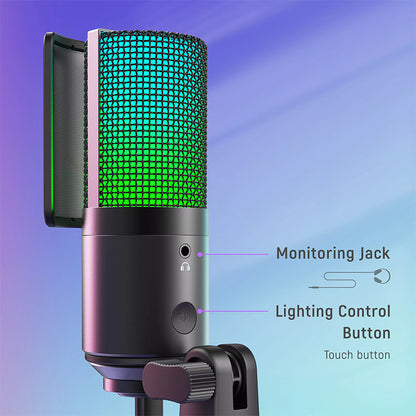 [CLEARANCE] Fifine K669 Pro3 USB Condenser RGB Desktop Microphone with Monitoring Jack, Light Control Button and Adjustable Pivot Mount for Streaming, Studio Recording, Podcasting and YouTube Videos
