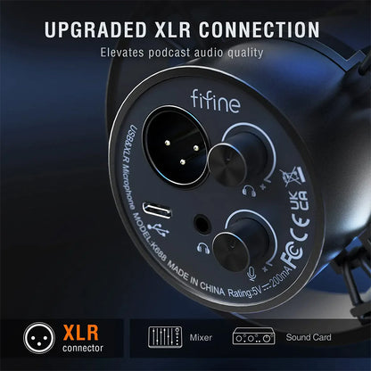 Fifine K688 USB Dynamic Cardioid Desktop XLR Microphone with Shock Mount, Volume Control and Headphone Jack for Streaming, Studio Recording, Podcasting and YouTube Videos | Black