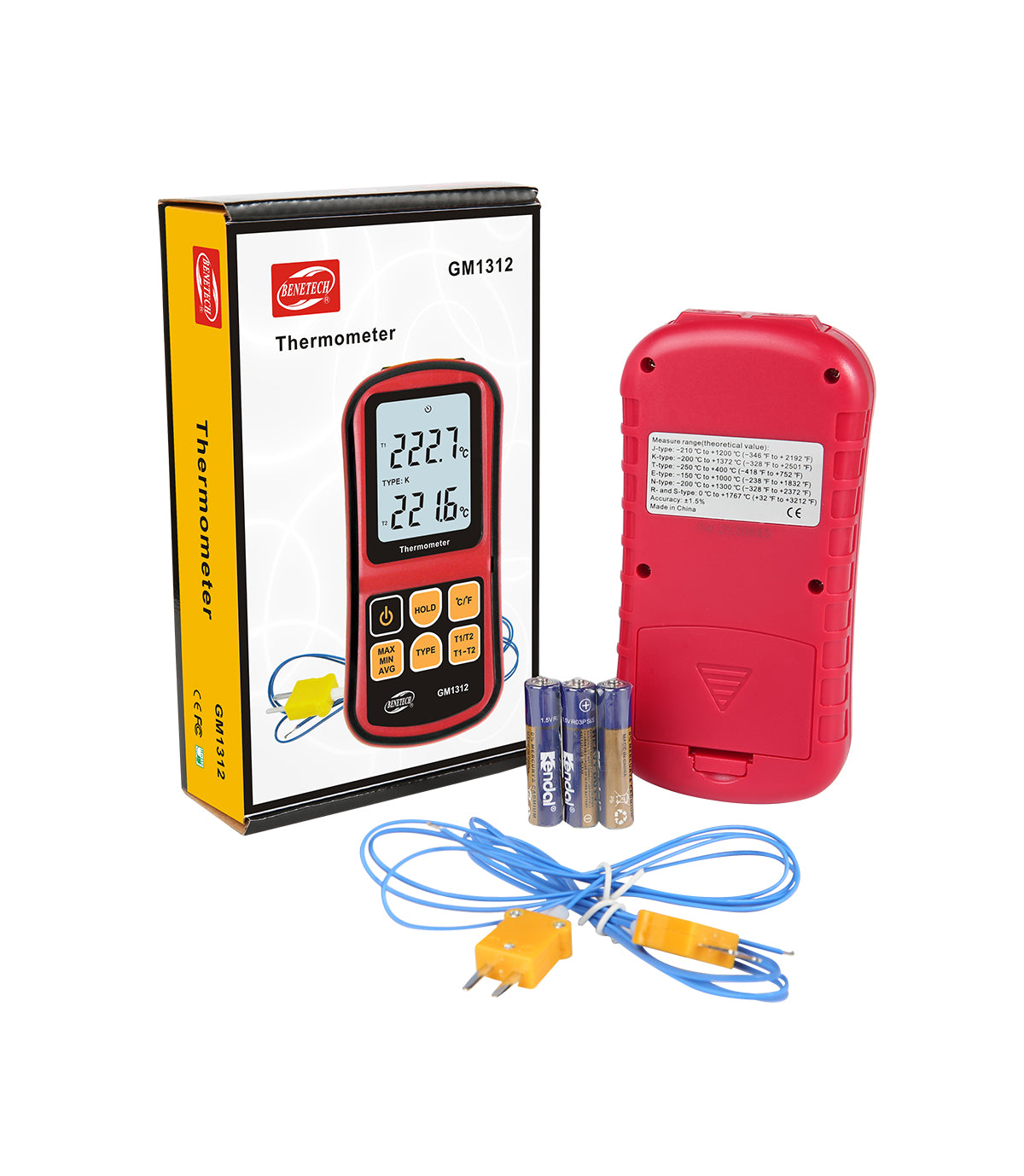 Benetech GM1312 -50~300C Thermocouple Thermometer Dual-channel Digital Temperature Meter For K/J/T/E/R/S/N LCD Thermometer