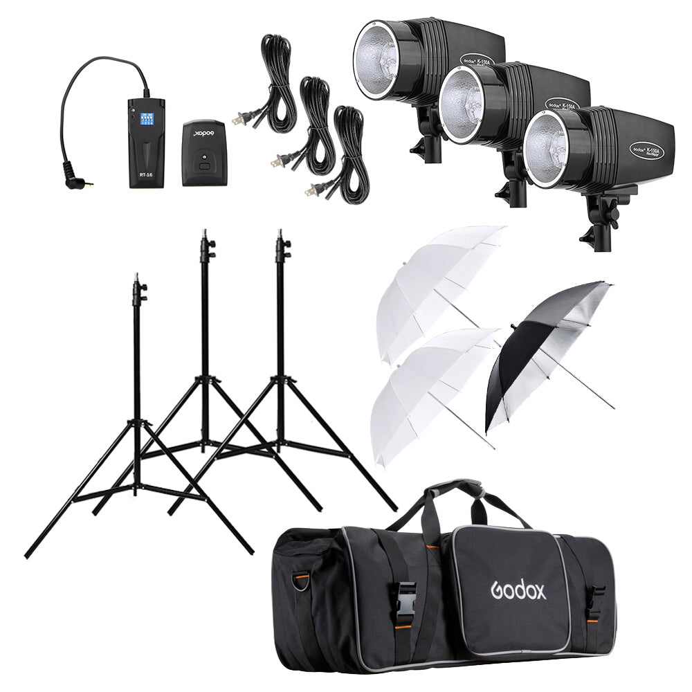 Godox MiniMaster K-150A 3-KIT Studio Photography Triple Studio Continuous Light Set Kit with 150W Flash Heads, Wireless Trigger, Light Stands, Parabolic Diffusers, Reflector and Carrying Bag for Studio Photography & Lighting
