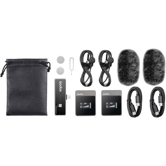 Godox MoveLink LT2 Compact Wireless Microphone System 2.4GHz (TX TX RX) with Lightning Connector, 2 Lavalier Mics for Smartphone Audio Recording Vlogging