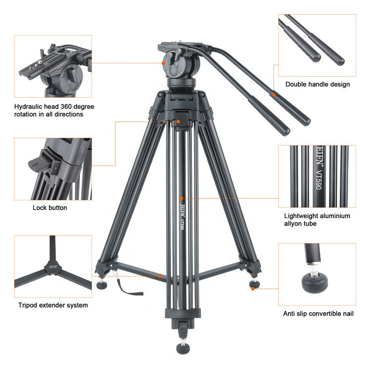 Jeifn by Zomei VT590 Professional Double Handled Fluid Head Heavy Duty Video Camcorder Tripod Stand