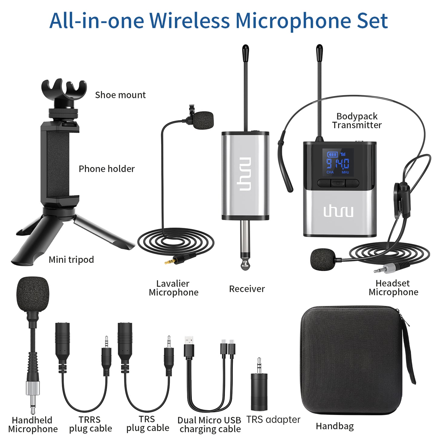 Uhuru by Maono AU-WM720 Professional Rechargeable Wireless UHF Lavalier Microphone with Bodypack Transmitter and Receiver for Live Streaming, Interviews, Youtube, Online Meetings
