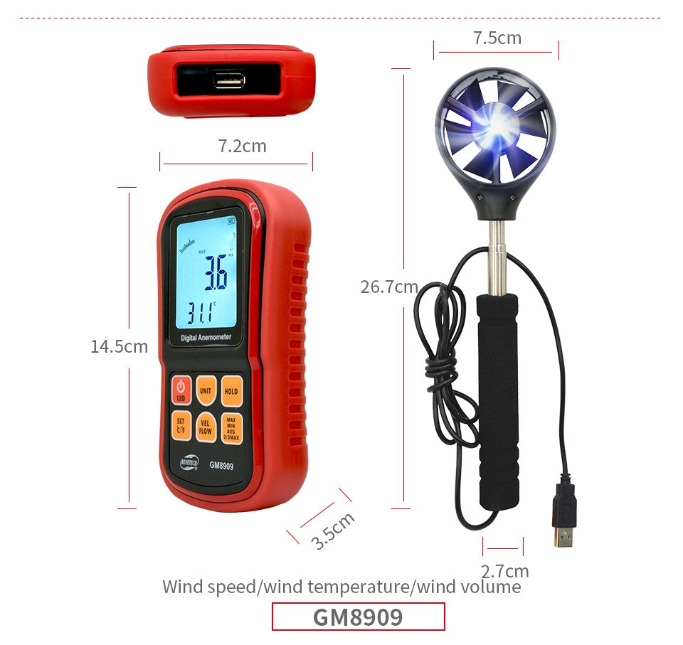 Benetech GM8909 Anemometer Wind Speed Meter Air Volume Ambient Temperature Tester With USB Interface