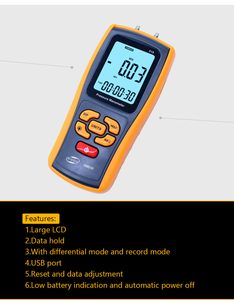 Benetech GM510 Portable Digital LCD Display Pressure Manometer