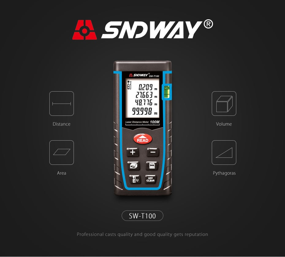 SNDWAY SW-T100 Digital Laser Distance Meter 100M Laser Rangefinder Tape Measure Distance Tool