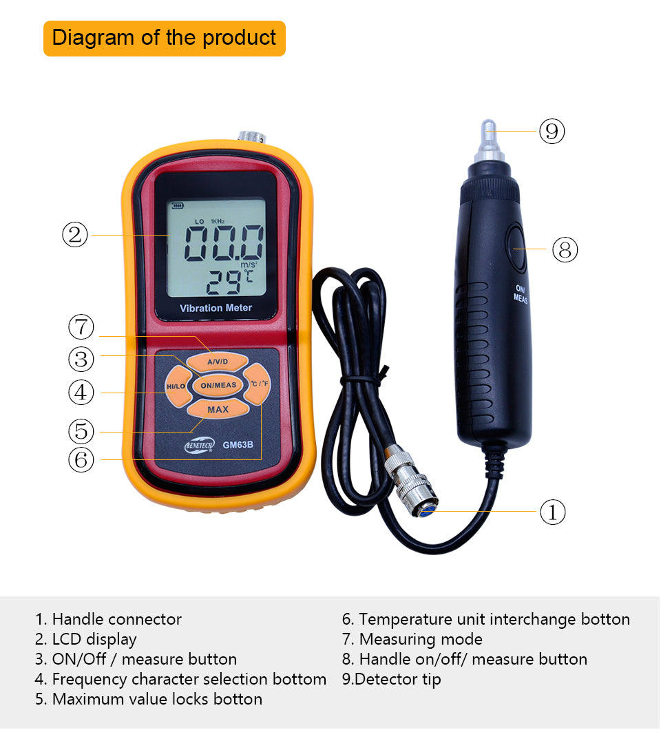 Benetech GM63B Digital displacement/velocity/acceleration measurement Vibrometer Vibration Meter + Temperature Meter